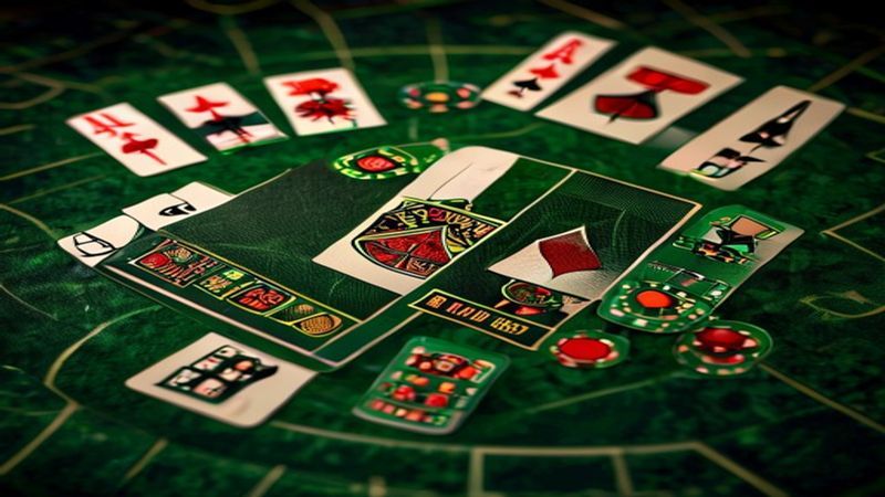 Bàn Blackjack với bài của người chơi và lá ngửa của nhà cái